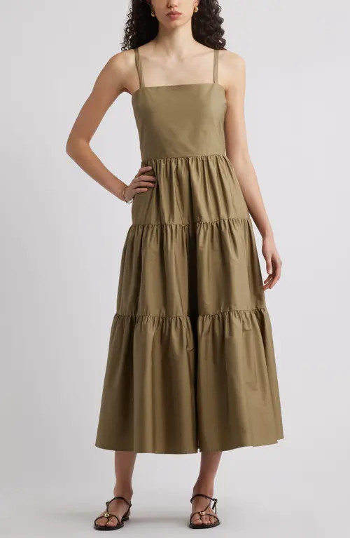 Nordstrom Cotton Poplin Tiered A-Line Dress in Olive Covert at Nordstrom, Size X-Small | Nordstrom