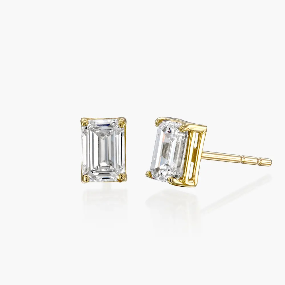 Emerald Cut Diamond Stud Earrings 1 CT- 14K Yellow Solid Gold | Oak & Luna (US)