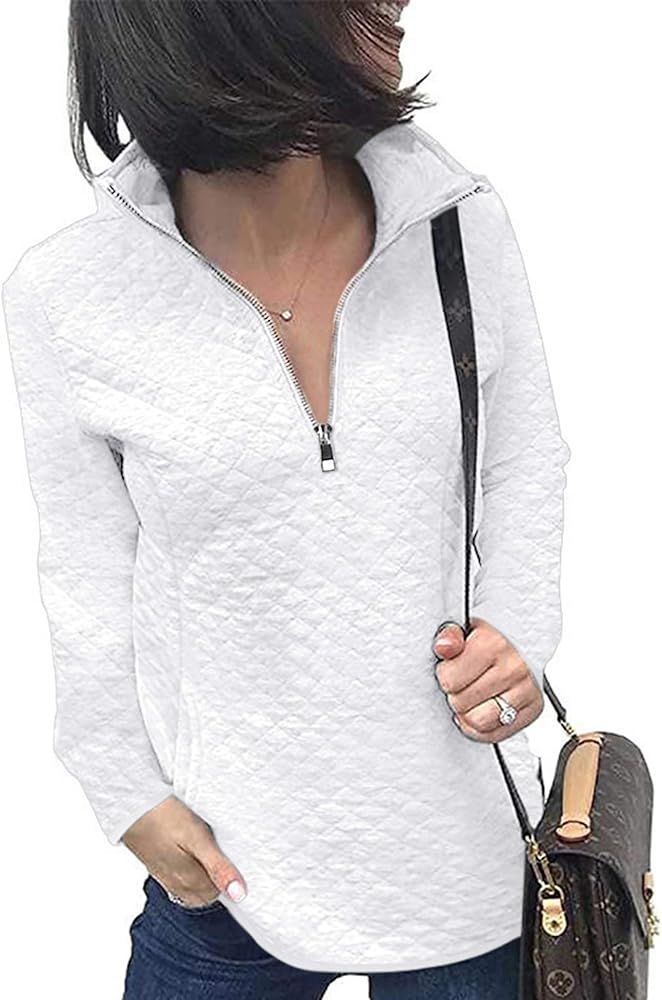 Women Sweatshirt Casual Long Sleeve 1/4 Zipper Pullover Plain Quilted Pattern Top with Pockets | Amazon (US)