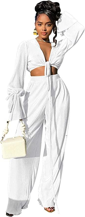 Amazon.com: Women 2 Piece Pleated Outfits Trendy Long Sleeve Self Tie Crop Top High Waist Casual ... | Amazon (US)