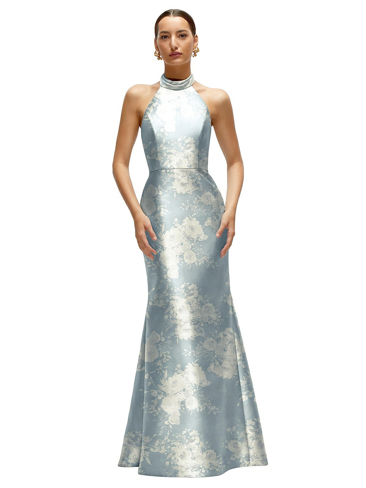 High-Neck Halter Open-Back Floral Satin Trumpet Dress  in Porcelain Blue Seraphina Floral | The Dessy Group