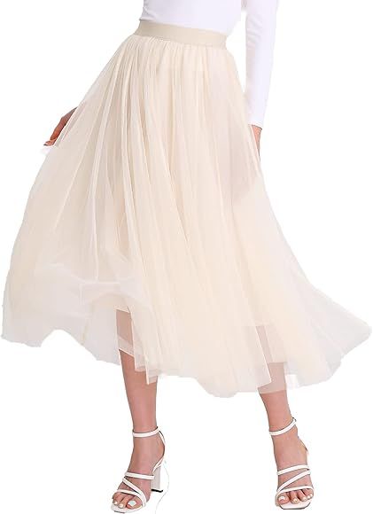 Women’s Tulle Skirts Midi Elastic High Waist Pleated Mesh Flowy A-Line Party Long Tutu Skirts... | Amazon (US)