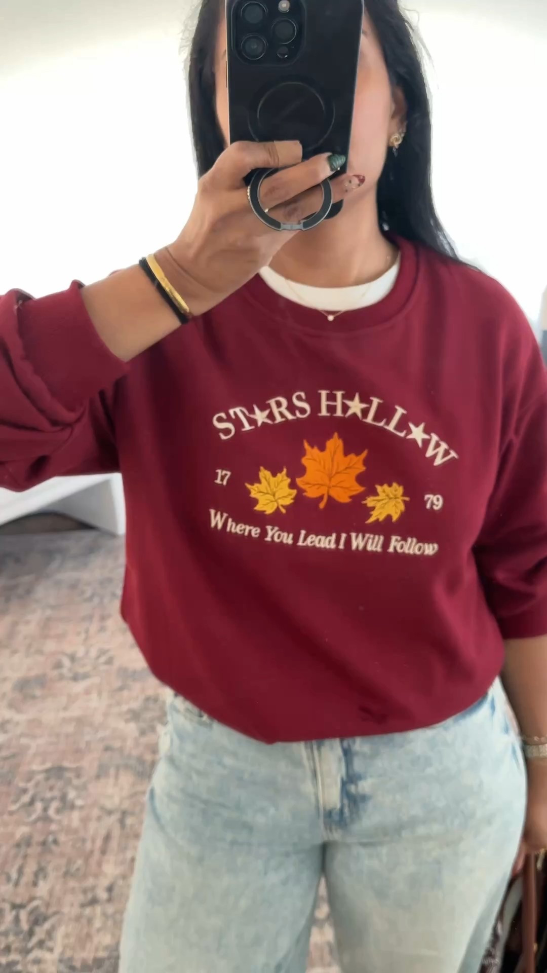 Gilmore girls sweatshirt (tts), wide leg jeans (sized down one), sneakers tts