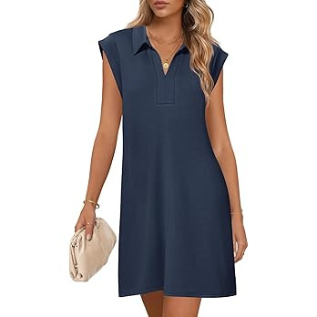 MEROKEETY Women's 2026 Summer Short Sleeve Mini Dress Casual Collared V Neck Loose T Shirt Dresse... | Amazon (US)