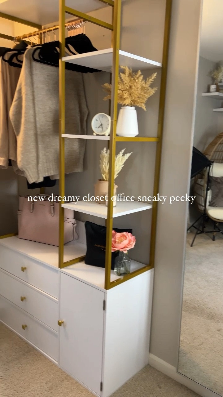 Gorgeous closet wardrobe makeover — do it, you deserve it! White and gold wardrobe fur tie and shelving.

#LTKVideo #LTKFindsUnder100 #LTKHome