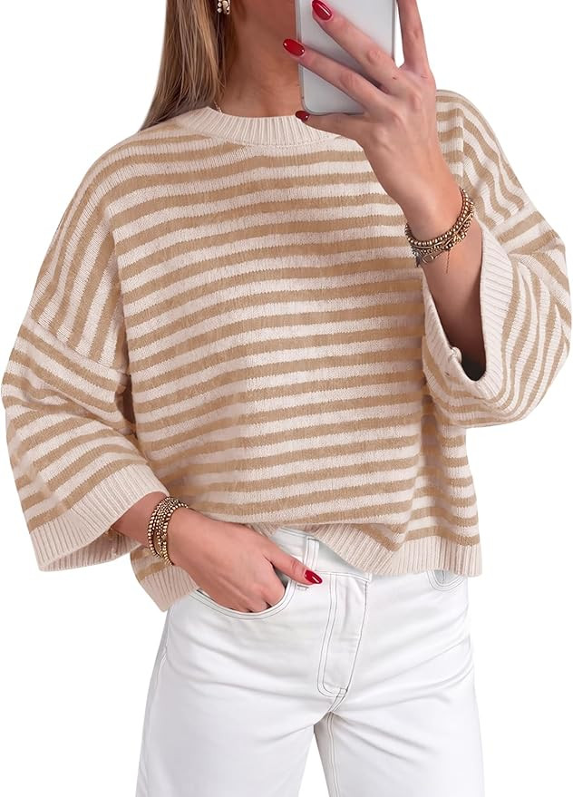 Saodimallsu Womens Short Sleeve Sweater Summer Striped Oversized Sweaters Casual Crewneck Lightwe... | Amazon (US)