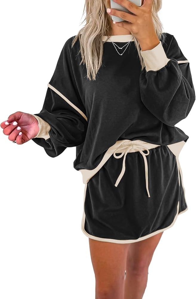 miduo Womens Color Block Casual Long Sleeve Sweatshirt and Drawstring Mini Skirt Matching Sets 2 ... | Amazon (US)