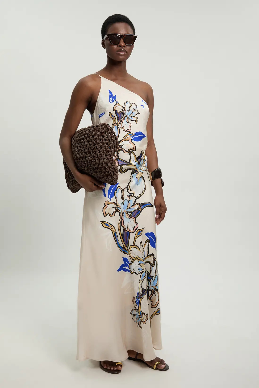 Multi Viscose Satin Printed Asymmetric Detail Midi Dress | Karen Millen | Karen Millen
