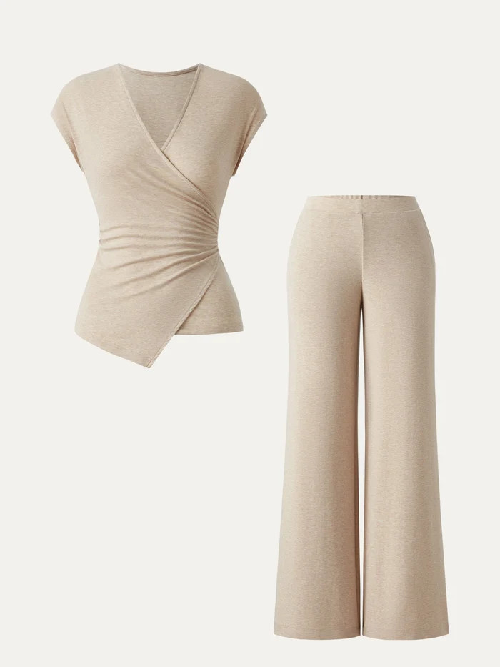 2Pcs Set Lyocell Wool Surplice Cap Sleeve Top & Mid Rise Wide Leg Pants with Pockets | OGLmove