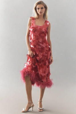 Hutch Sleeveless Scoop-Neck Sequin Feather-Trim Midi Dress | Anthropologie (US)