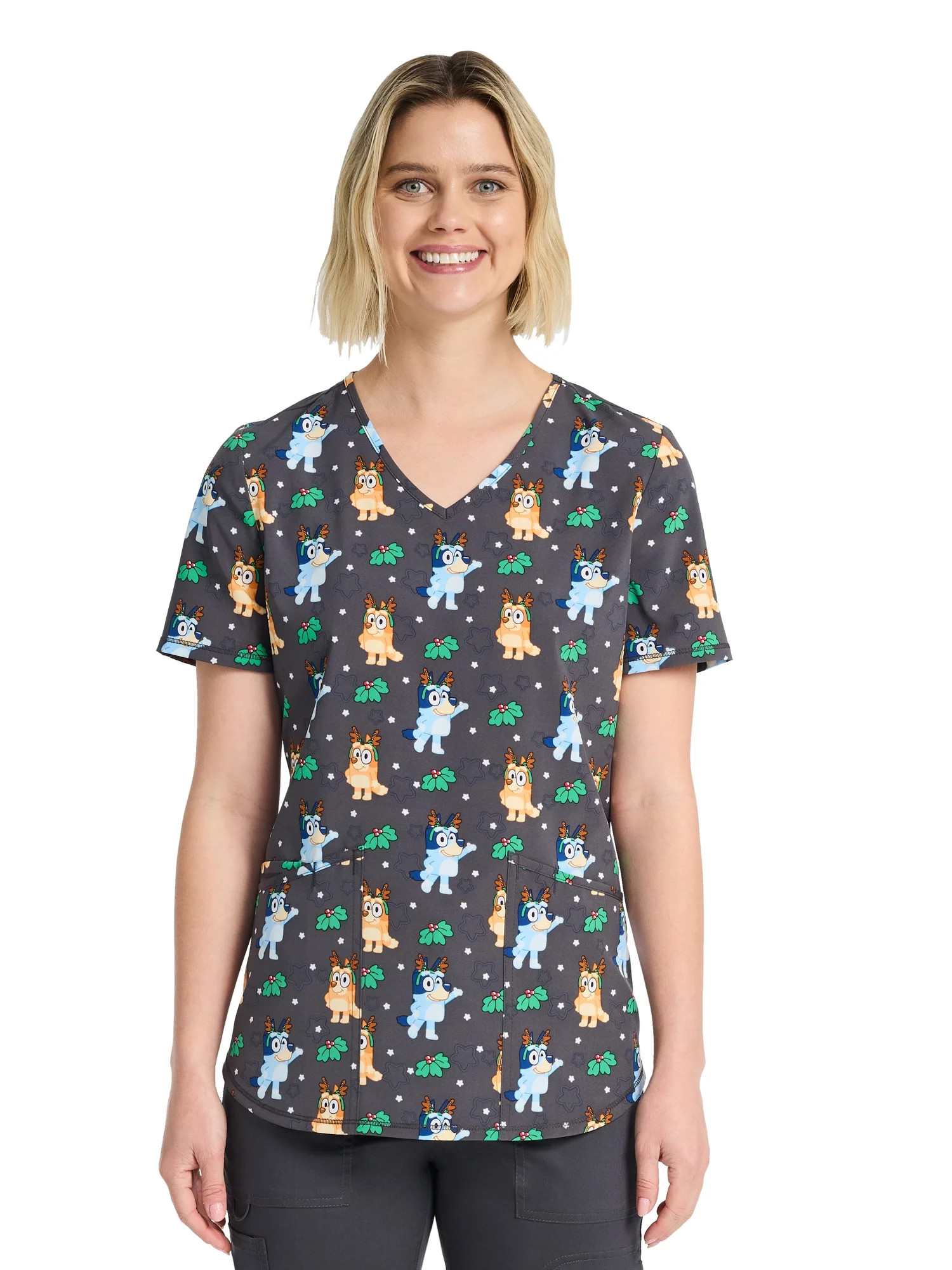BBC Winter Bluey And Bingo Women's V-Neck Scrub Top, Sizes XS-3XL | Walmart (US)