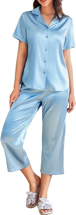 Ekouaer Women Satin Pajamas Set Short Sleeve Capri Sleepwear Silk Button Down Nightwear Two-Piece... | Amazon (US)