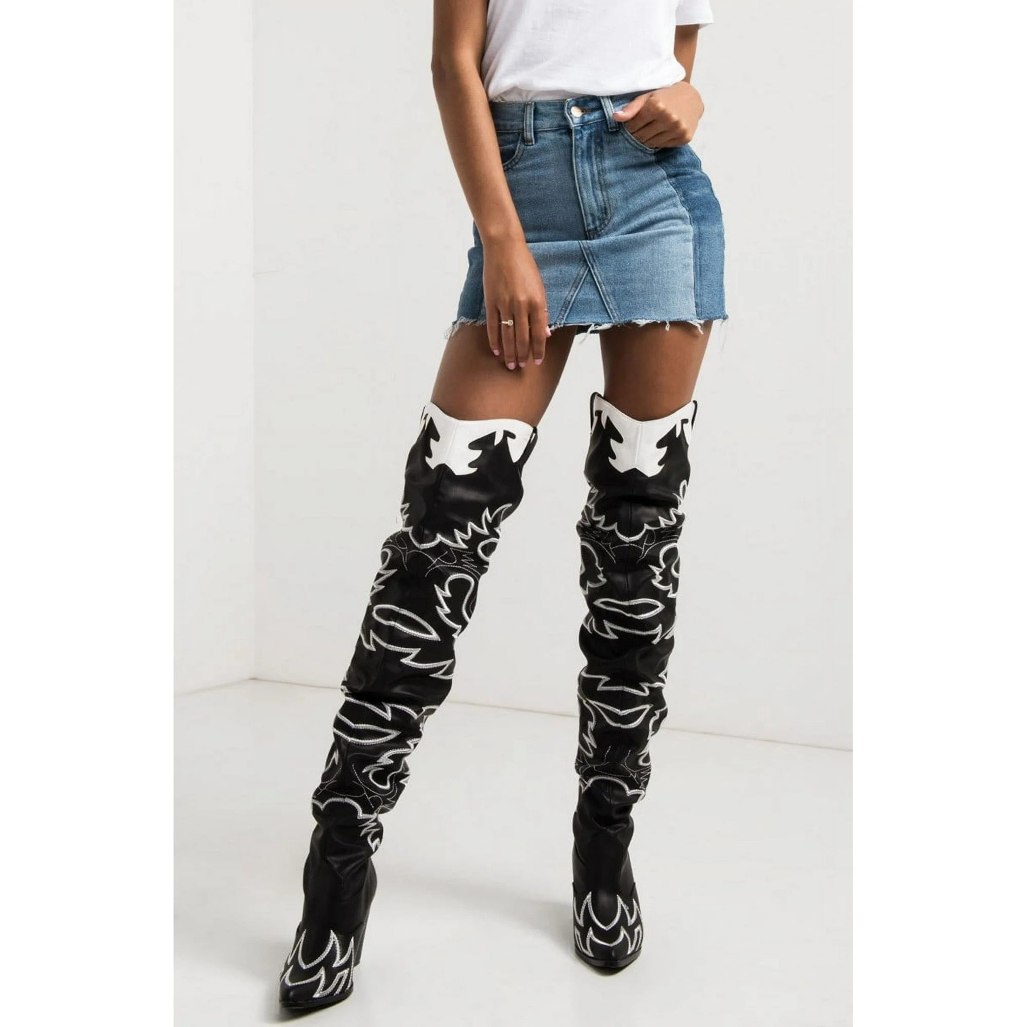 Cape Robbin Kelsey-21 Black/White Thigh High Over knee Cowgirl Boots (Black/White Stitch, 10) | Walmart (US)
