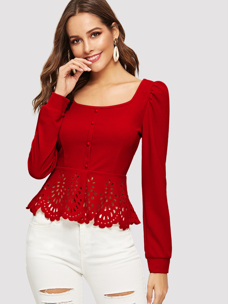 SHEIN Buttoned Front Laser Cut Hem Puff Sleeve Top | SHEIN