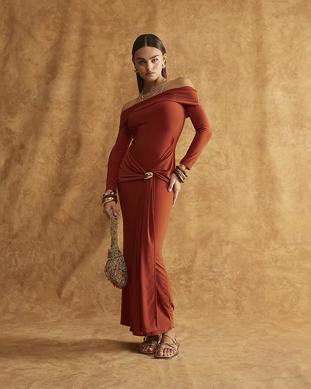 Brown Bardot Trim Maxi Dress | River Island UK & IE