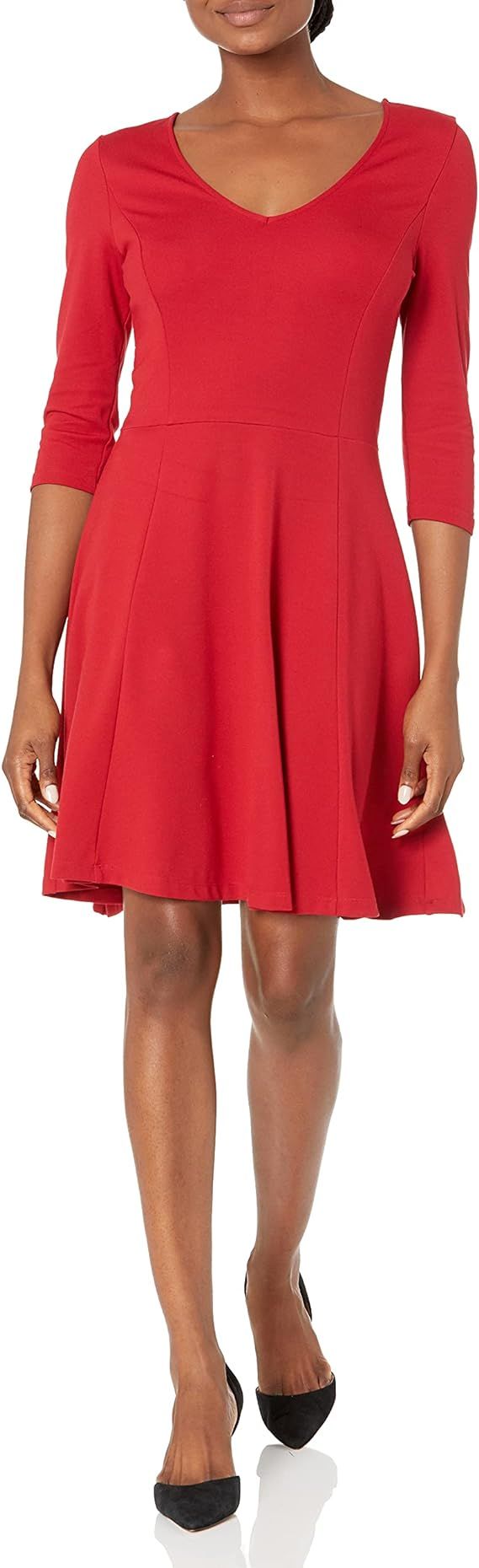 Lark & Ro Women's Three Quarter Sleeve V-Neck Fit and Flare Dress | Amazon (US)