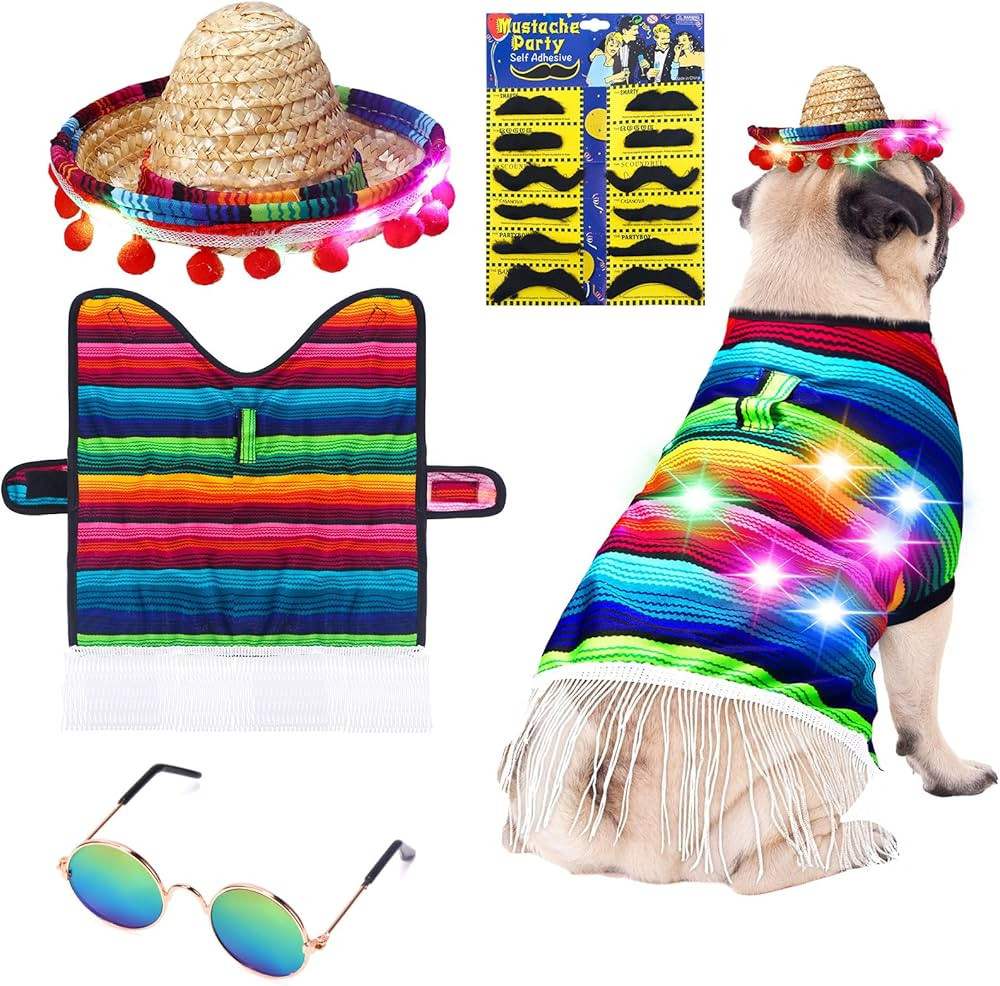 4 Pcs Mexican Serape Dog Costume Include Multicolor Funny Cinco De Mayo Poncho with LED Lights Do... | Amazon (US)