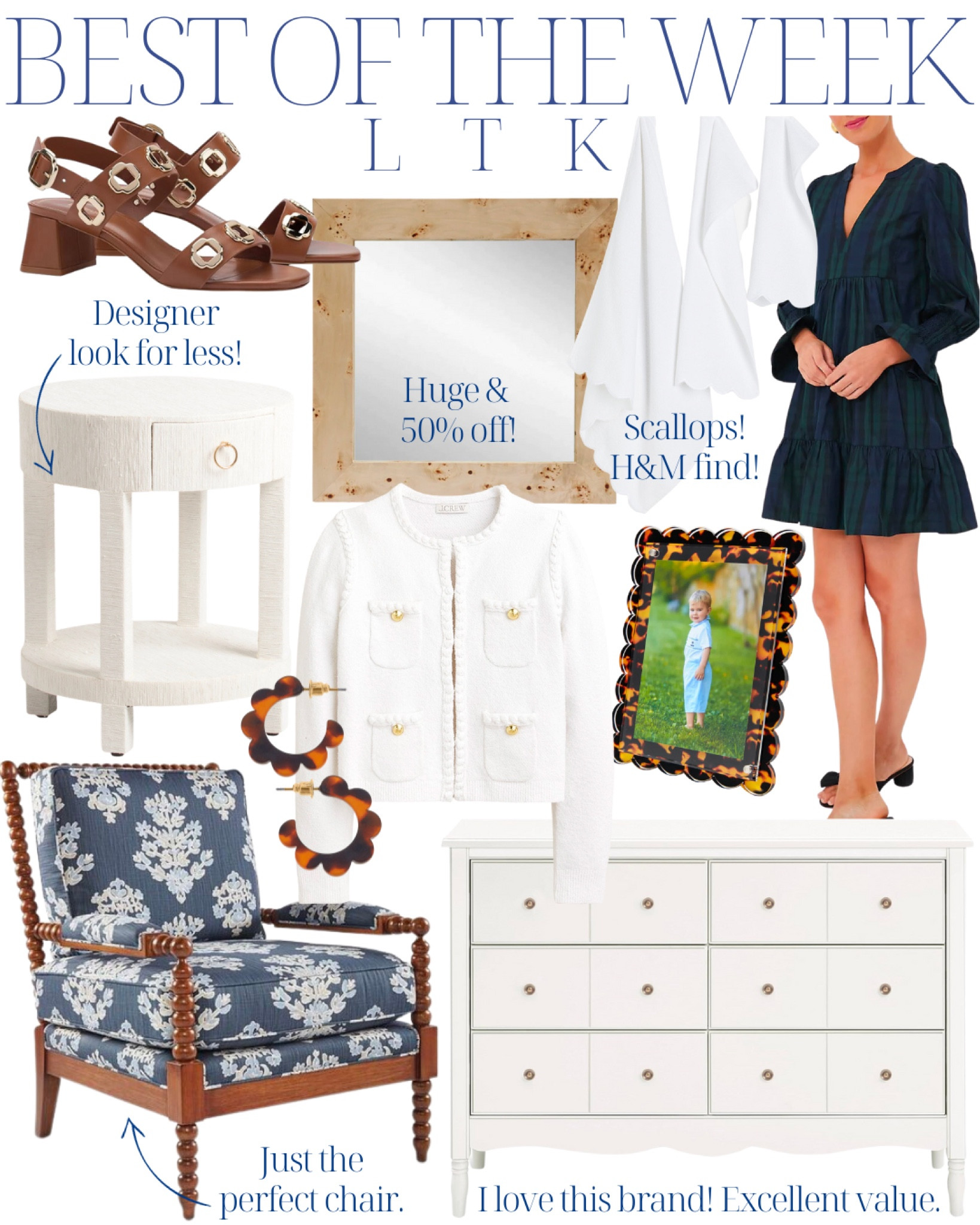 Best of the week! Burlwood mirror, black watch fall holiday dress, Tuckernuck, white dresser, nursery inspo, nursery inspiration, accent chair, spindle chair, white raffia rattan bedside table, scalloped scallop tortoise earrings picture frame, home decor, grandmillennial home, decor inspo, lady jacket bouclé sweater 

#LTKhome #LTKsalealert #LTKstyletip