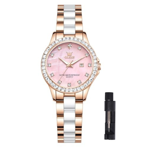 OLEVS Women's Rose Gold Watch for Women Water Resistant Watches Quartz Day Date Ceramic Stainless Steel Band Luxury Pink Mother of Pearl Diamond Dial Elegant Ladies Dress Wrist Watch Gift for Her | Amazon (US)