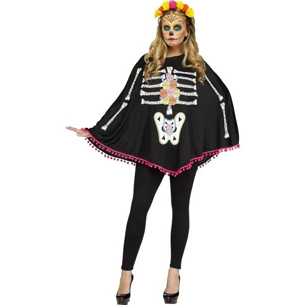 Day of the Dead Skeleton Poncho Women's Halloween Fancy-Dress Costume for Adult, One Size - Walma... | Walmart (US)