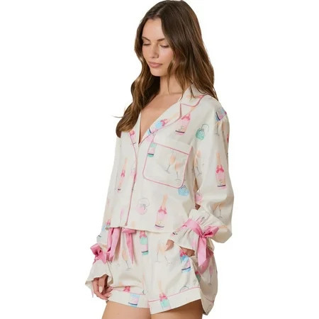 Cozy Holiday Sleepwear: Wine Glass Print Pajama Set with Bow Knot Details | [ZhiHiMeRi] | (US 12-14)L | Walmart (US)