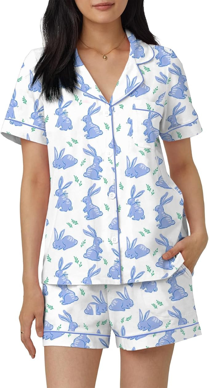 Women Easter Pajamas Set Cute Bunny Button Down Shirt and Shorts 2 Piece Pj Set Y2K Easter Outfit... | Amazon (US)