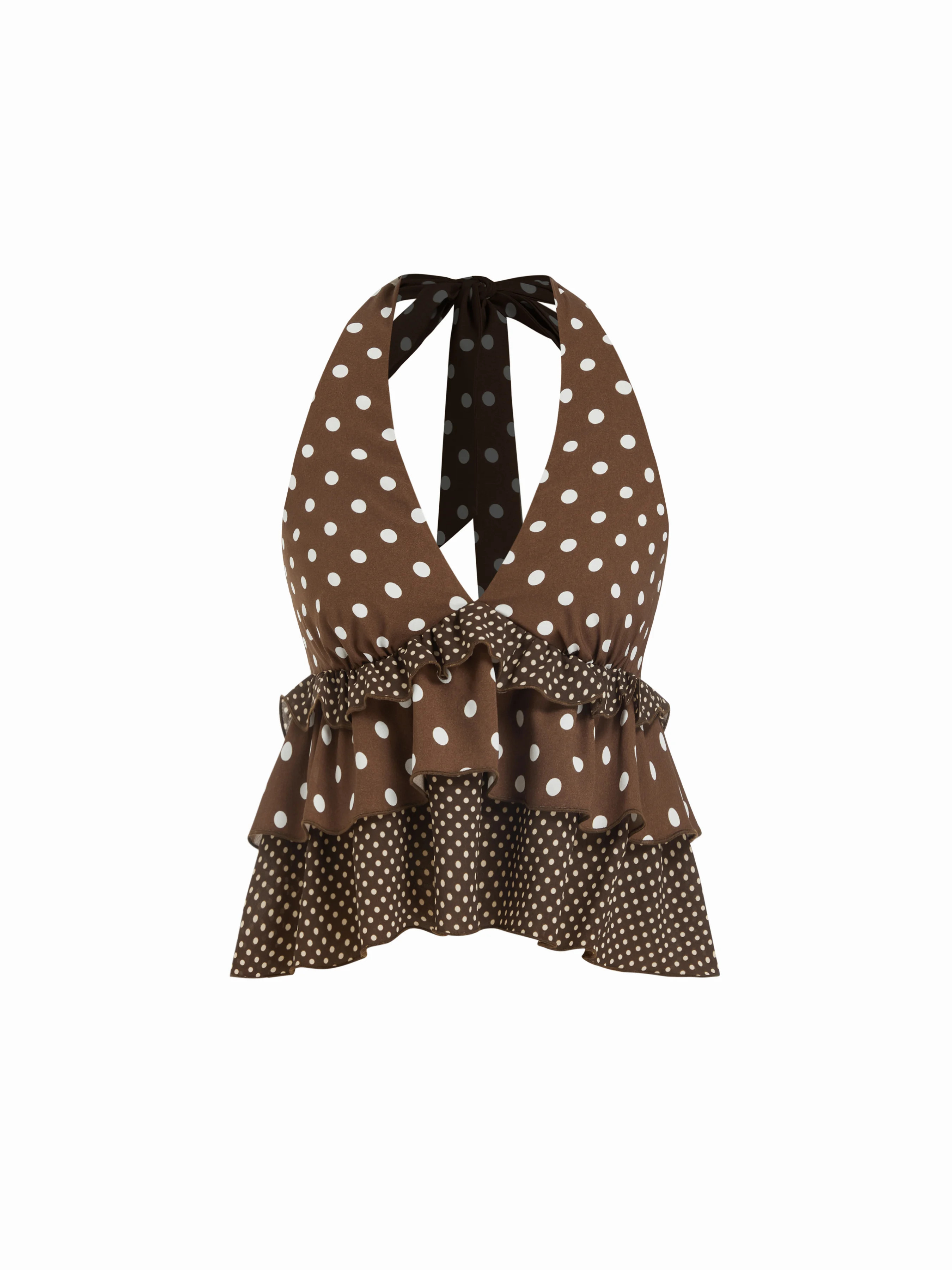 Polka Dot Halter Neckline Ruffled Oversized Crop Cami Top | Cider
