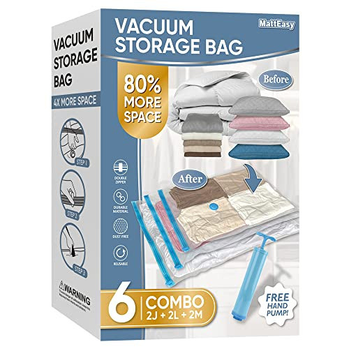 MattEasy Space Saver Vacuum Storage Bags, 6 Pack Combo (2 Jumbo/2 Large/2 Medium) Space Saver Bags with Pump, Storage Vacuum Sealed Bags for Clothes, Comforters, Blankets, Bedding | Amazon (US)