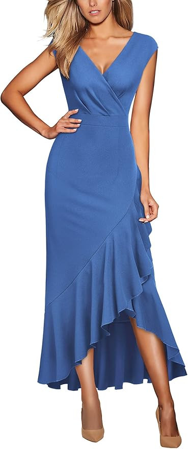 Miusol Women's Elegant V Neck Ruffle Split Style Cocktail Formal Long Dress | Amazon (US)