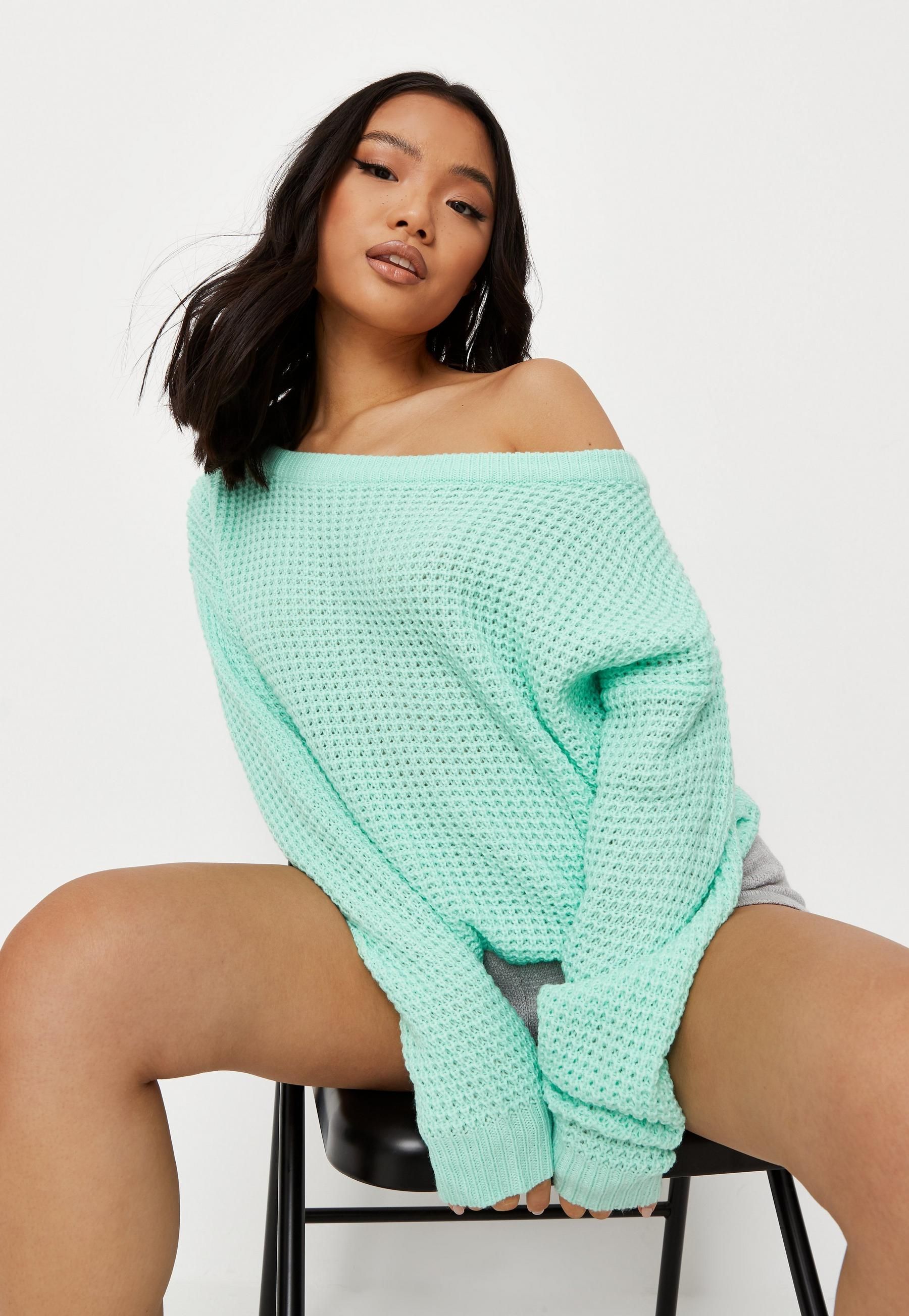 Missguided - Petite Mint Off The Shoulder Knitted Sweater | Missguided (US & CA)