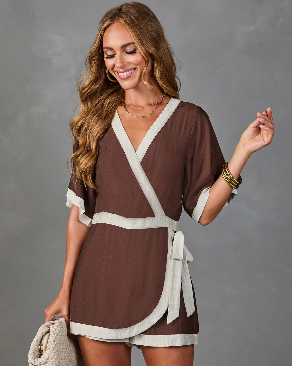 Ivy Courtyard Contrast Trim Wrap Tie Romper | VICI
