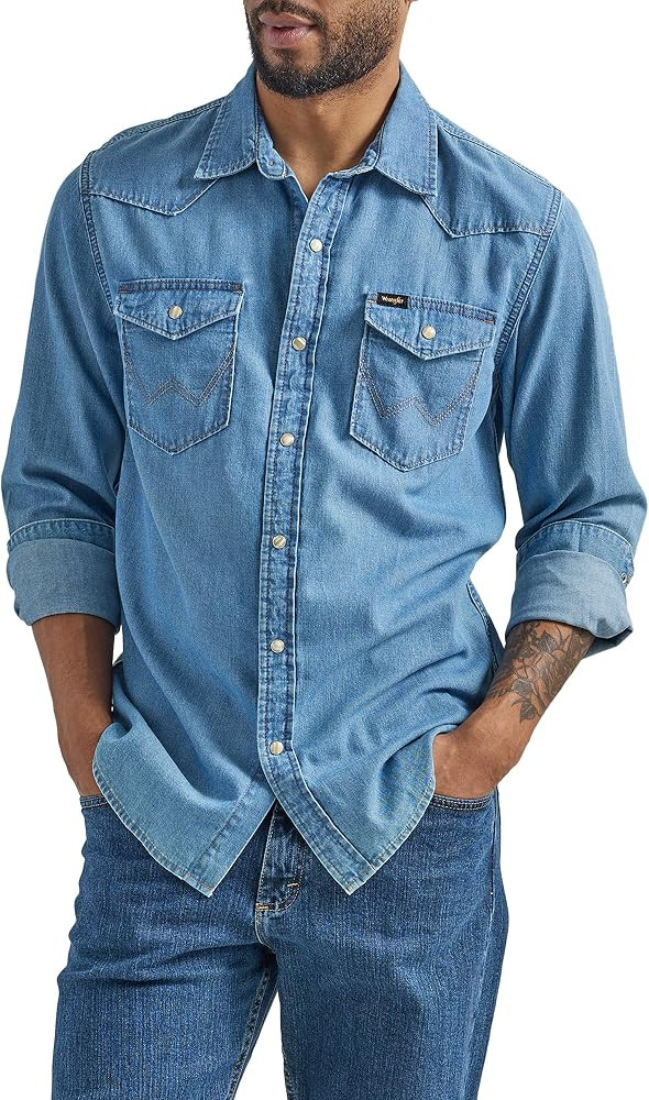 Wrangler Men's Iconic Denim Regular Fit Snap Shirt | Amazon (US)