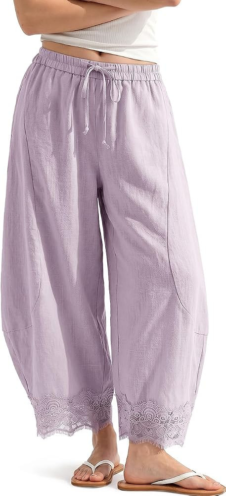 TARSE Womens Linen Wide Leg Cropped Lace Trim Pants | Amazon (US)