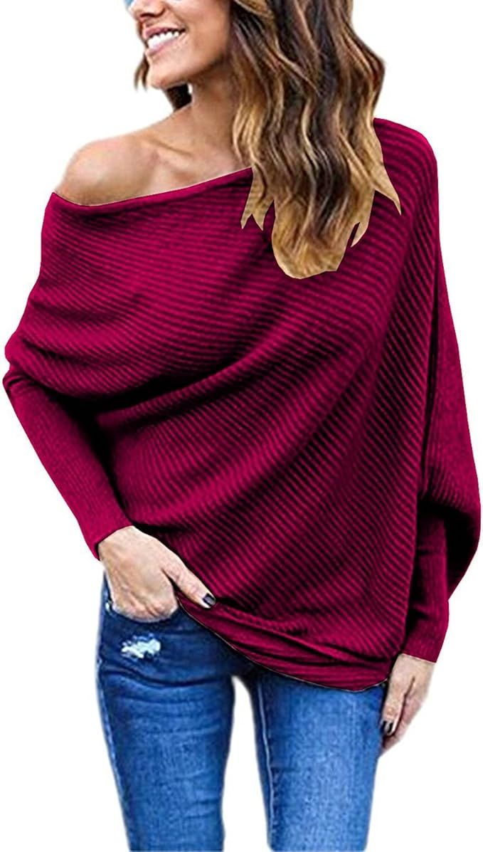 GOLDSTITCH Women's Off Shoulder Batwing Sleeve Loose Pullover Sweater Knit Jumper Oversized Tunic... | Amazon (US)