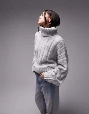 Topshop knitted roll neck wide rib sweater in gray | ASOS (Global)