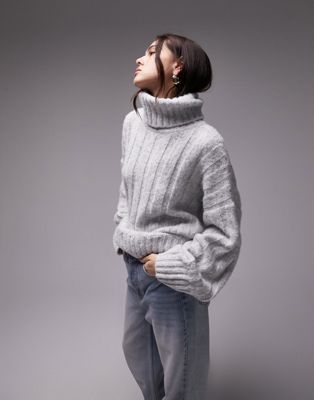 Topshop knitted roll neck wide rib sweater in gray | ASOS (Global)