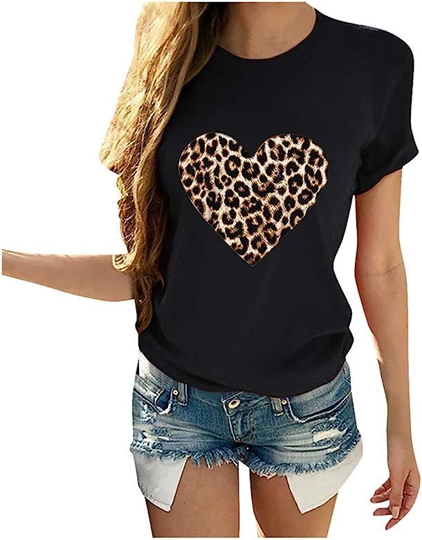 Womens Valentines Day Shirt, ODGear Leopard Print Heart Shirt Top T-Shirt Short Sleeve Cute Graph... | Amazon (US)