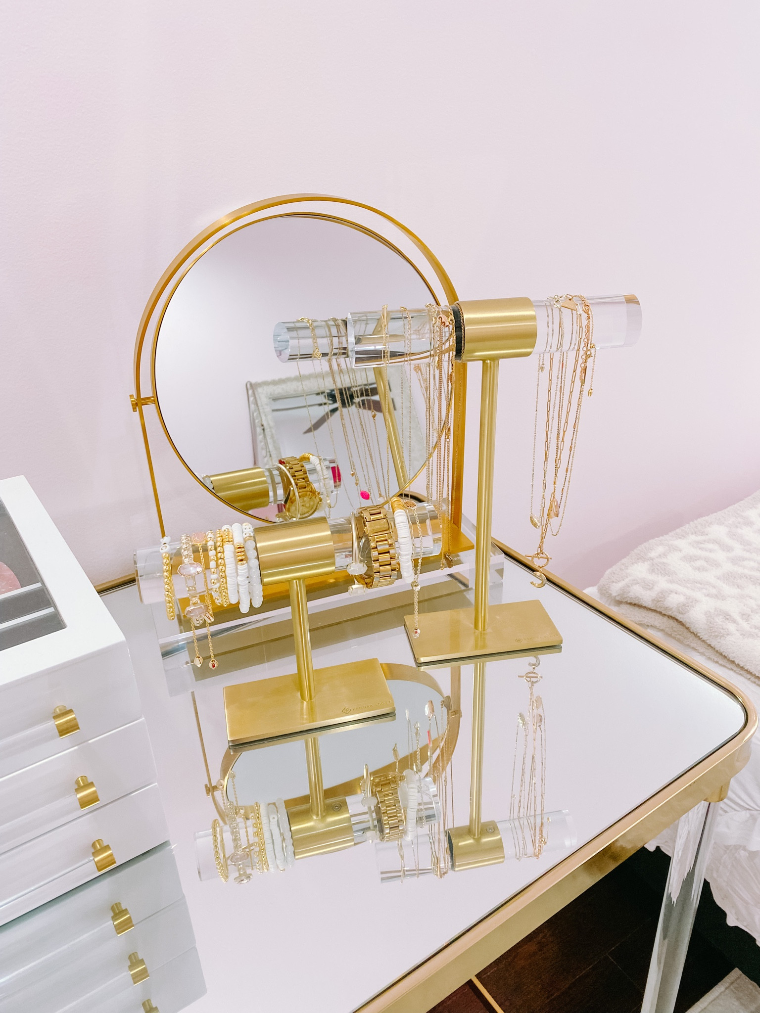 Gold acrylic jewelry organizers / gold vanity mirror 