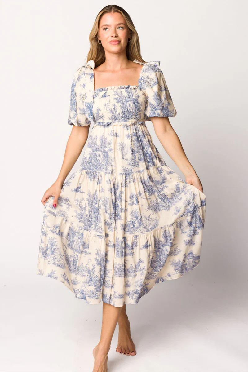Elena 100% Cotton Toile Print Smocked Midi Dress in Blue - Bump Friend | Worth Collective