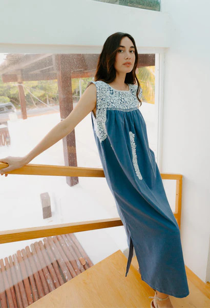 Classic Flores Dusty Blue Midi Dress | Mi Golondrina