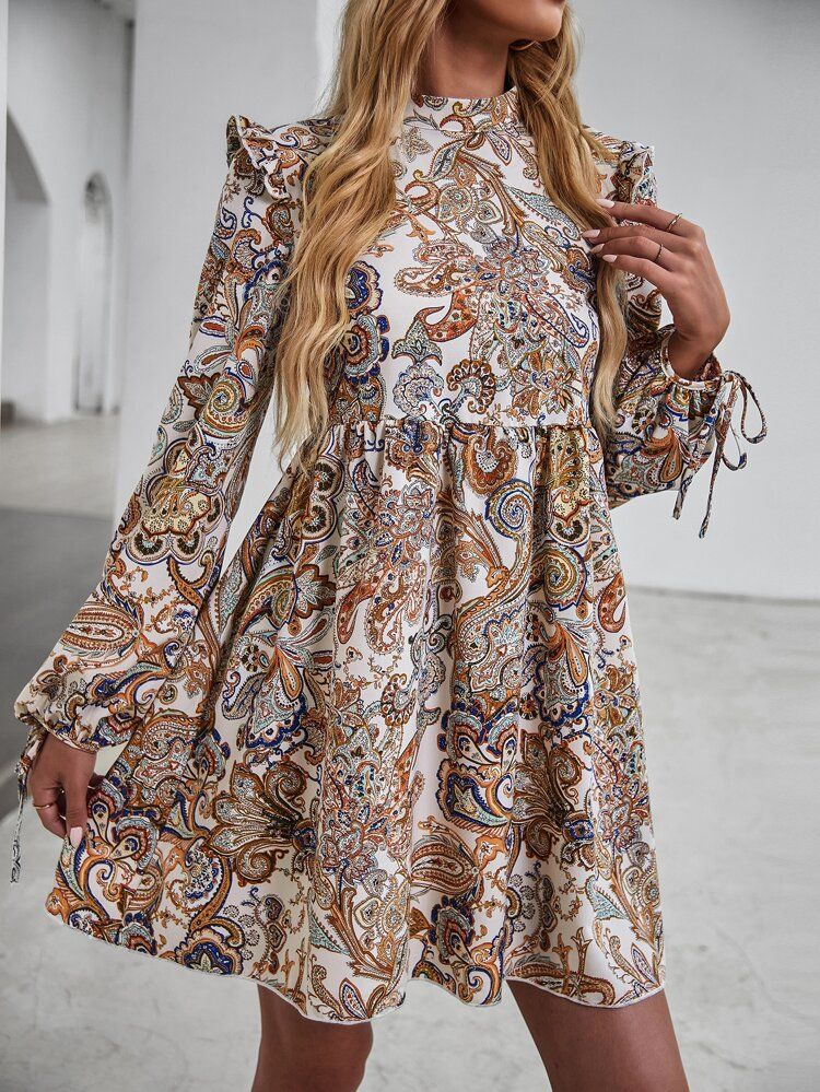 Paisley And Floral Bishop Sleeve Smock Dress | SHEIN