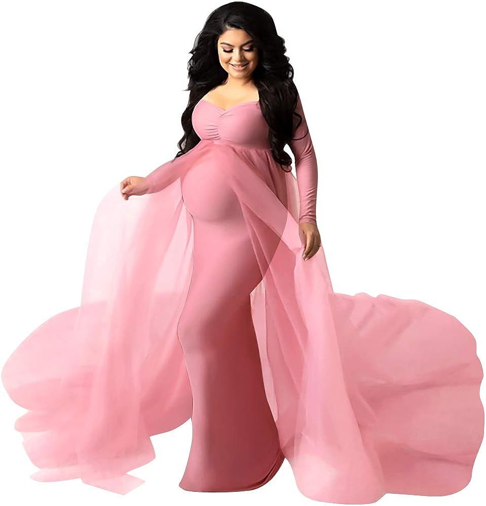 Women Off Shoulder Long Sleeve Maternity Dress Tulle Elegant Slim Fit Gown Baby Shower Photography M | Amazon (US)
