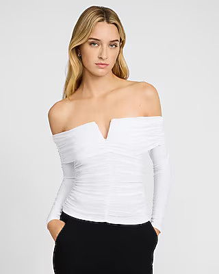 Ruched V-wire Fold Over Off The Shoulder Long Sleeve Top | Express