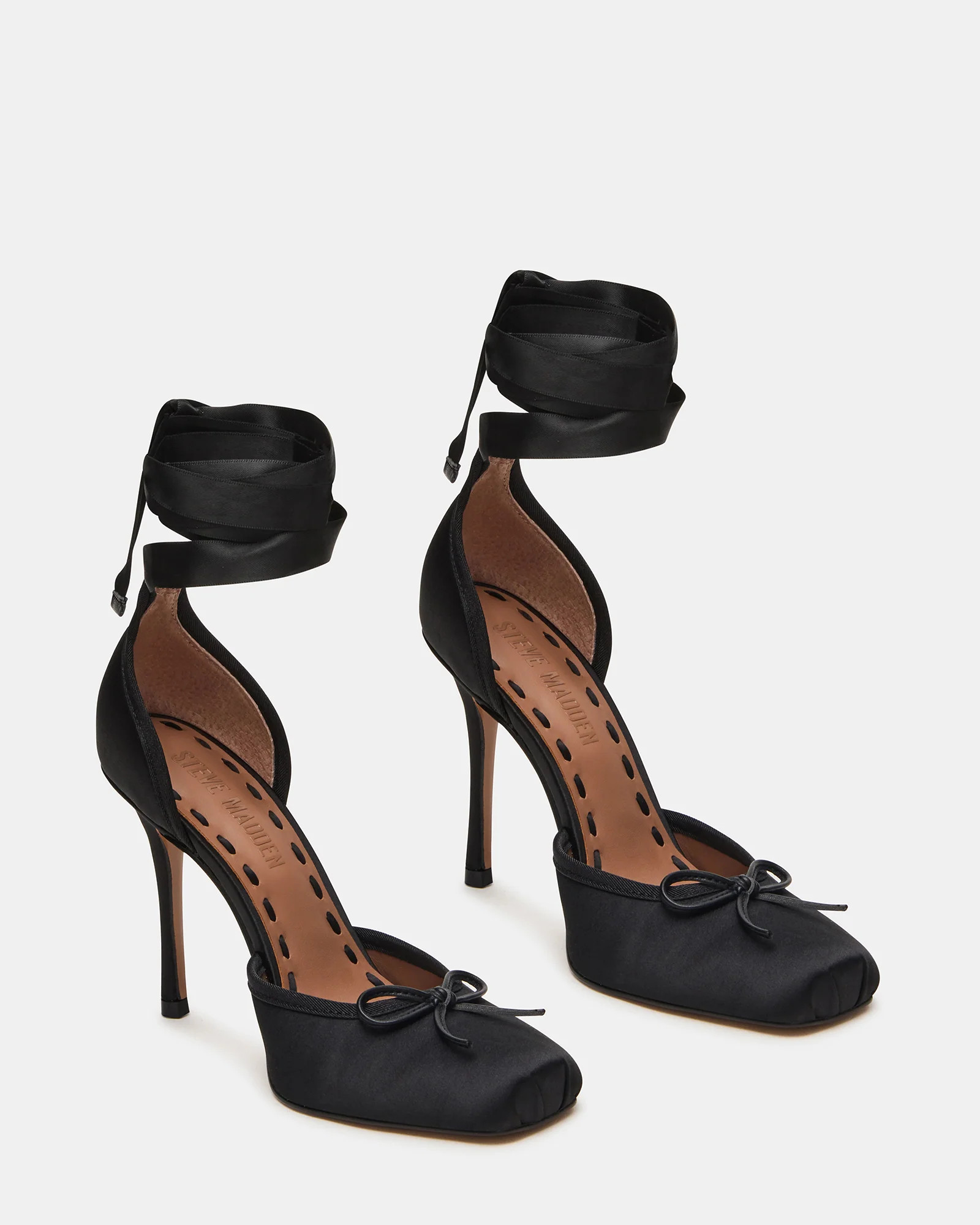 LARINA Black Satin Square-Toe Stiletto Pump Lace-Up Women's Heel | Steve Madden (US)