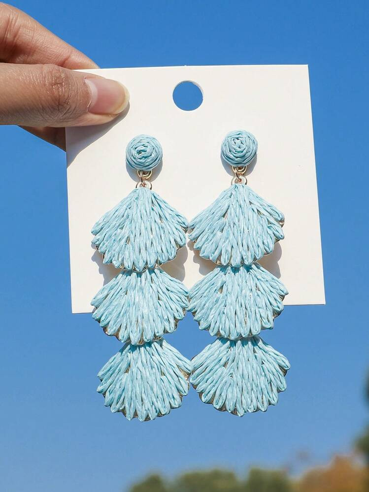 OOQ 1 Pair Handmade Woven Raffia Shell Tassel Bohemian Style Long Earrings, Geometric Blue Design, Suitable For Women's Daily, Vacation, Party, Festivals Like Valentine's Day, Wedding, Mother's Day, Music Festival (Handcrafted Raffia Weaving, Shape And Direction Random) | SHEIN