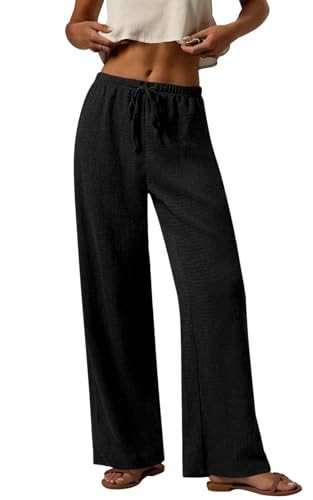 PRETTYGARDEN Womens Summer Elastic Waist Textured Flowy Palazzo Pants for Women Casual Wide Leg Pants Woman with Pockets (Black, Large) | Amazon (US)