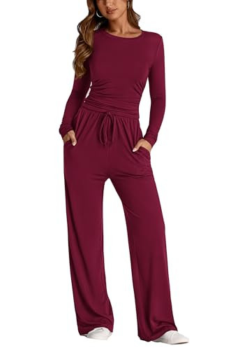 PRETTYGARDEN Women's Spring Fall Two Piece Outfits Tracksuits Long Sleeve Crop Tee Shirts Wide Leg Pants Matching Lounge Sets (Wine Red,Small) | Amazon (US)