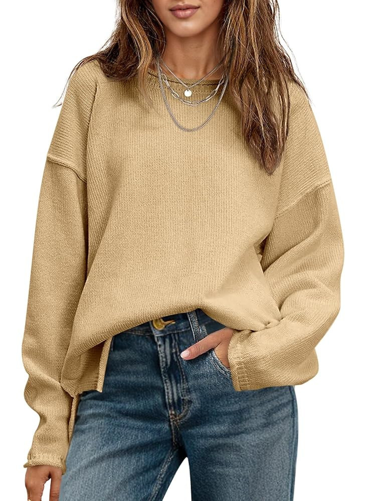 Saodimallsu Womens Oversized Crew Neck Sweaters Long Sleeve Slouchy Knit Fall Casual Loose Side S... | Amazon (US)