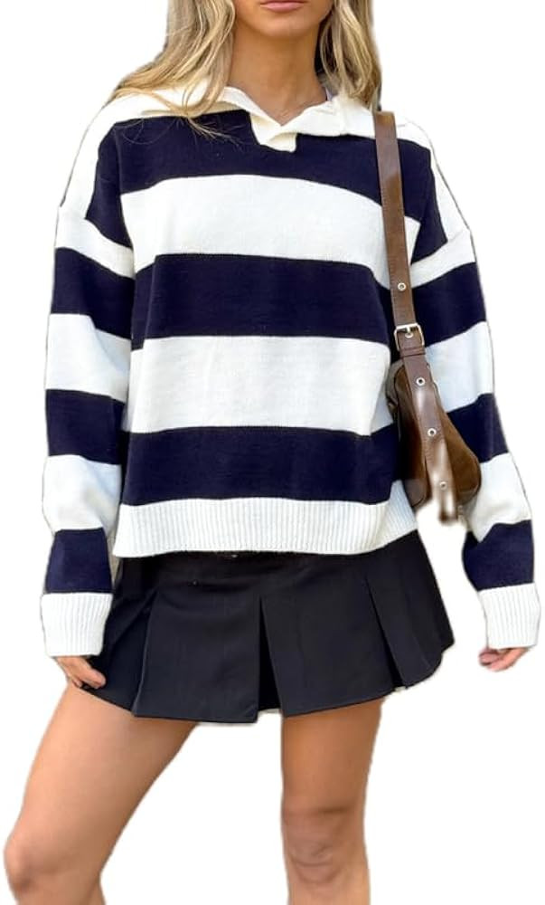 NUFIWI Womens Striped Rugby Polo Shirts Stripes Lapel V Neck Oversized Sweatshirts Y2K Loose Fit ... | Amazon (US)