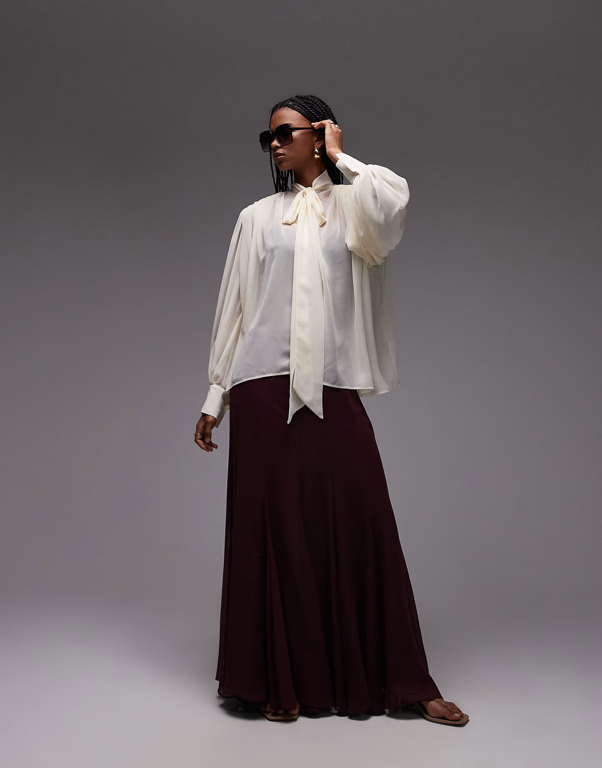 ASOS DESIGN chiffon shoulder pad boho tie blouse in ecru | ASOS (Global)